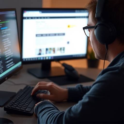 Um indiv√≠duo utilizando um software leitor de tela em um computador, com fones de ouvido, navegando em uma p√°gina da web.